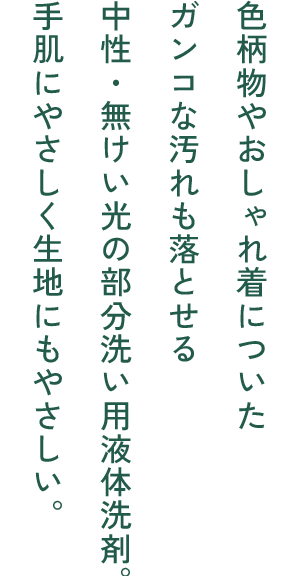 色柄物やおしゃれ着についたガンコな汚れも落とせる中性・無けい光の部分洗い用液体洗剤。手肌にやさしく生地にもやさしい。